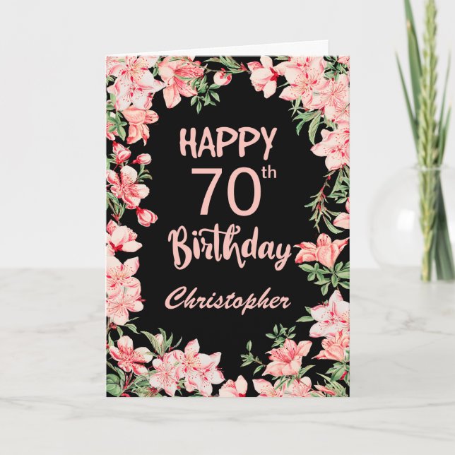 70th Birthday Pink Peach Watercolor Floral Black Card (Front)
