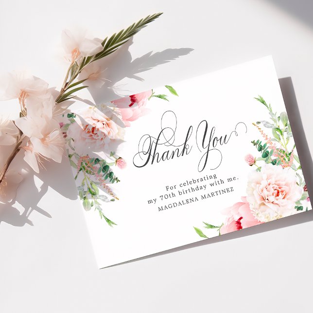 70th Birthday Pink Peony Floral Flat Thank You Card (Creator Uploaded)