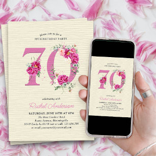 70th Birthday Pink Peony Floral Number 70 Invitation