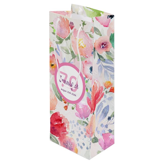 70th birthday pink purple florals elegant wine gift bag (Back Angled)