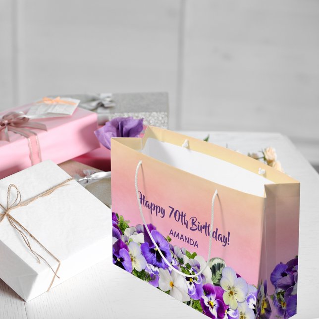 70th Birthday pink purple florals monogram Large Gift Bag (Creator Uploaded)