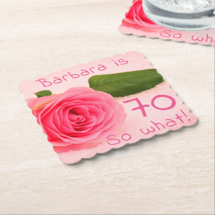 70th Birthday Pink Rose Custom Name Motivational Paper Coaster