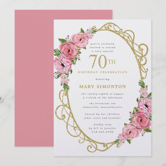 70th Birthday Pink Rose Floral Gold  Invitation (Front/Back)