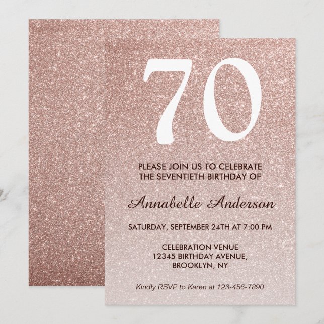 70th Birthday Pink Rose Gold Glitter Sparkle Ombre Invitation (Front/Back)