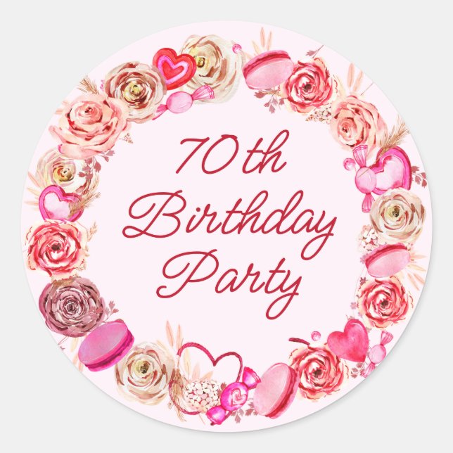 70th Birthday Pink Rose Swirly Heart Envelope Classic Round Sticker (Front)