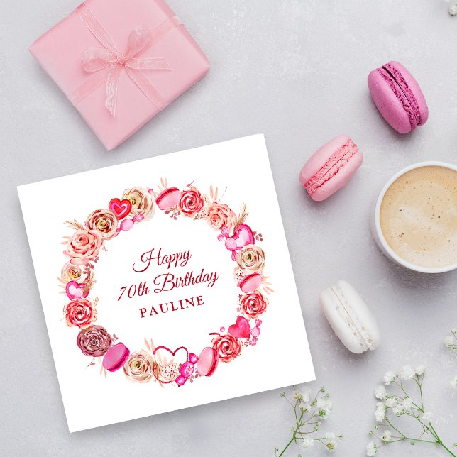 70th Birthday Pink Rose Swirly Heart Valentine's  Napkin (Creator Uploaded)