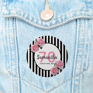 70th birthday pink roses black white stripes 6 cm round badge