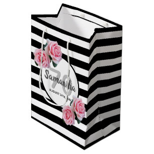 70th birthday pink roses black white stripes medium gift bag