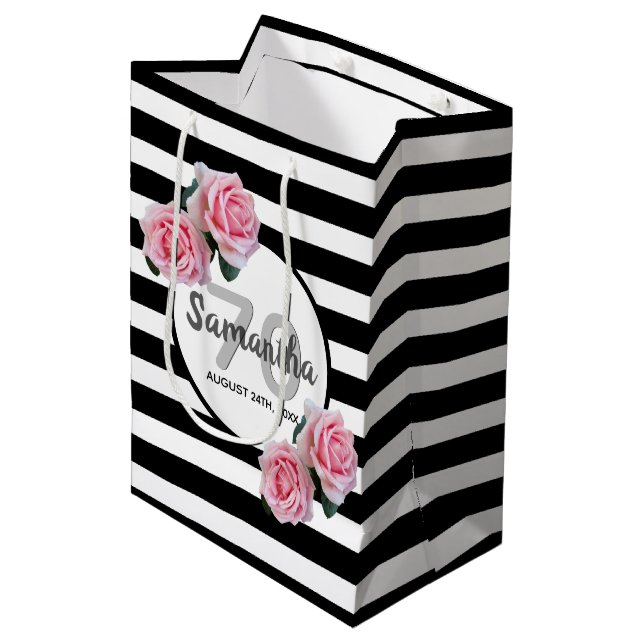 70th birthday pink roses black white stripes medium gift bag (Front Angled)
