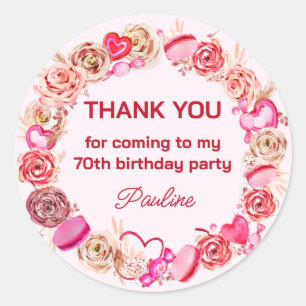 70th Birthday Pink Roses Swirly Heart Classic Round Sticker