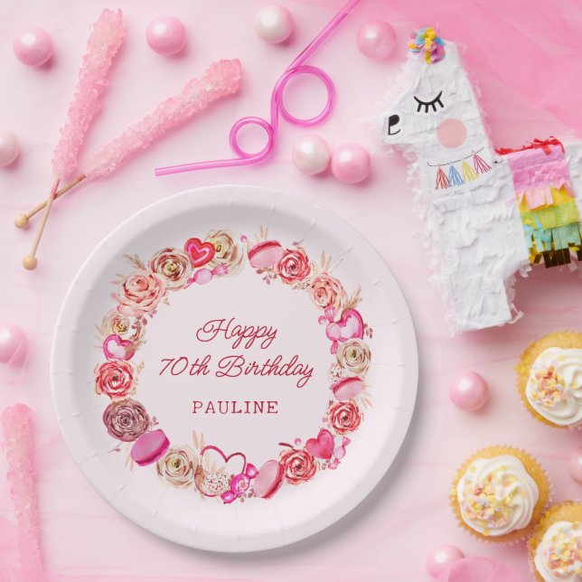 70th Birthday Pink Roses Swirly Heart Paper Plate (Party)