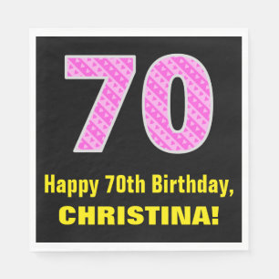 70th Birthday: Pink Stripes and Hearts "70" + Name Napkin