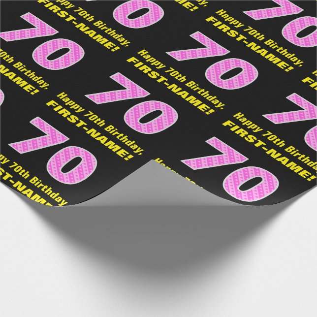 70th Birthday: Pink Stripes and Hearts "70" + Name Wrapping Paper (Corner)