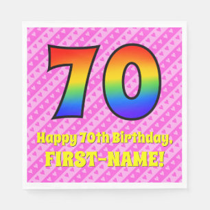 70th Birthday: Pink Stripes & Hearts, Rainbow # 70 Napkin
