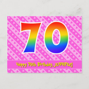 70th Birthday: Pink Stripes & Hearts, Rainbow 70 Postcard