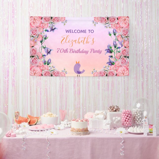 70th birthday pink violet garden florals cute bird banner (Party)