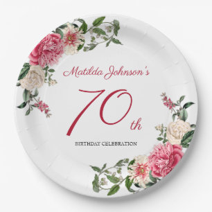 70th Birthday Pink White Elegant Floral Botanical  Paper Plate