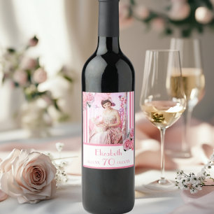 70th birthday pink white stripes floral name photo wine label