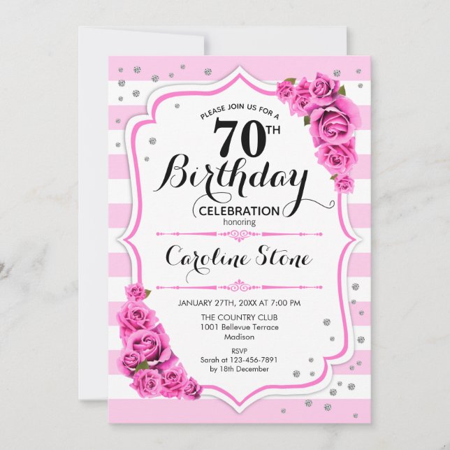70th Birthday -  Pink White Stripes Roses Invitation (Front)