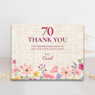 70th Birthday Pink Wildflower Linen Appreciation Thank You Card