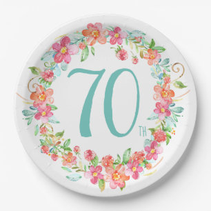 70th birthday pretty watercolor floral party paper plate