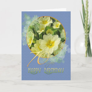 70th Birthday Primroses and blue Card