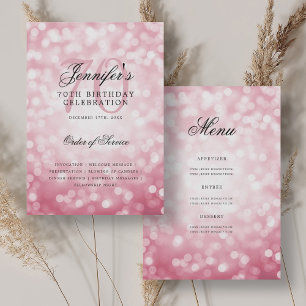 70th Birthday Program Blush Pink Bokeh Menu Invitation