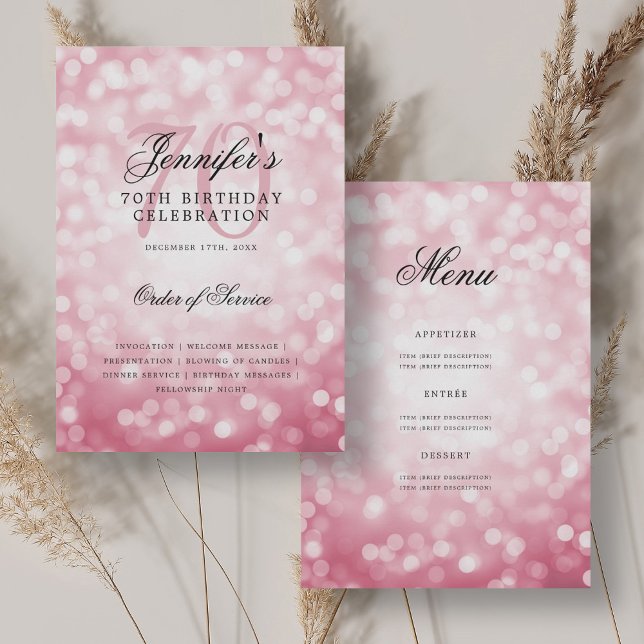 70th Birthday Program Blush Pink Bokeh Menu Invitation (70th Birthday Program Blush Pink Bokeh Menu)