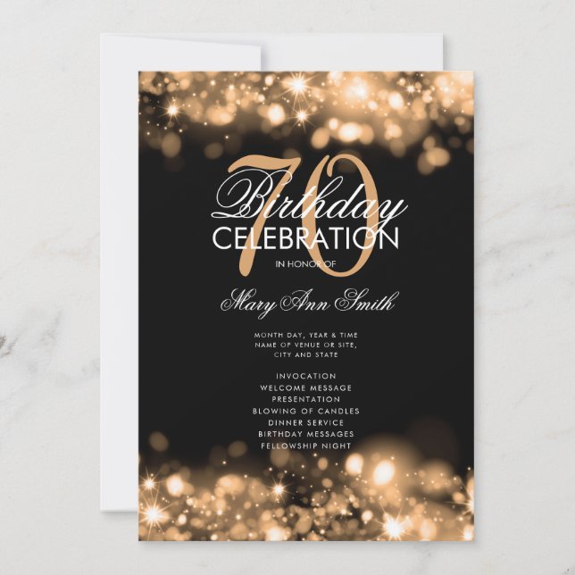 70th Birthday Program Glam Lights Gold Menu Invitation (Front)