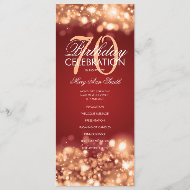 70th Birthday Program Glam Lights Gold Red Menu (Front)