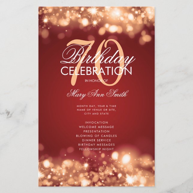 70th Birthday Program Glam Lights Gold Red Menu (Front)