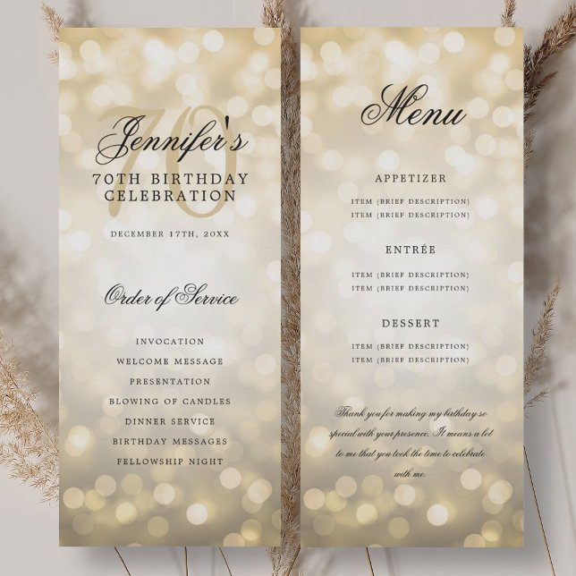 70th Birthday Program Gold Bokeh Menu+Thank You Invitation (70th Birthday Program Gold Bokeh Menu+Thank You)
