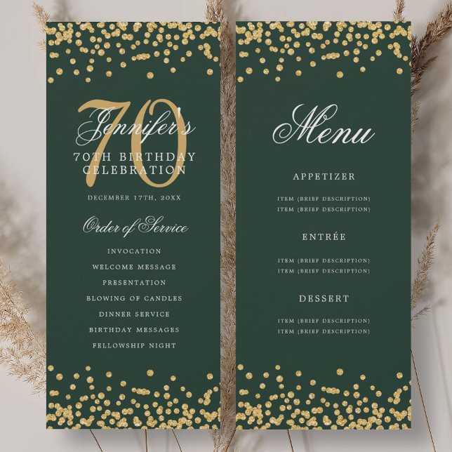 70th Birthday Program Gold Green Confetti Menu Invitation (70th Birthday Program Gold Green Confetti Menu)