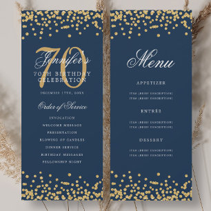 70th Birthday Program Gold Navy Blue Confetti Menu Invitation