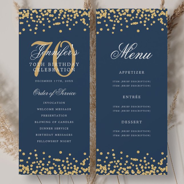 70th Birthday Program Gold Navy Blue Confetti Menu Invitation (Creator Uploaded)