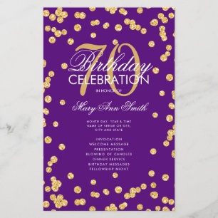70th Birthday Program Gold Purple Glitter w/ Menu
