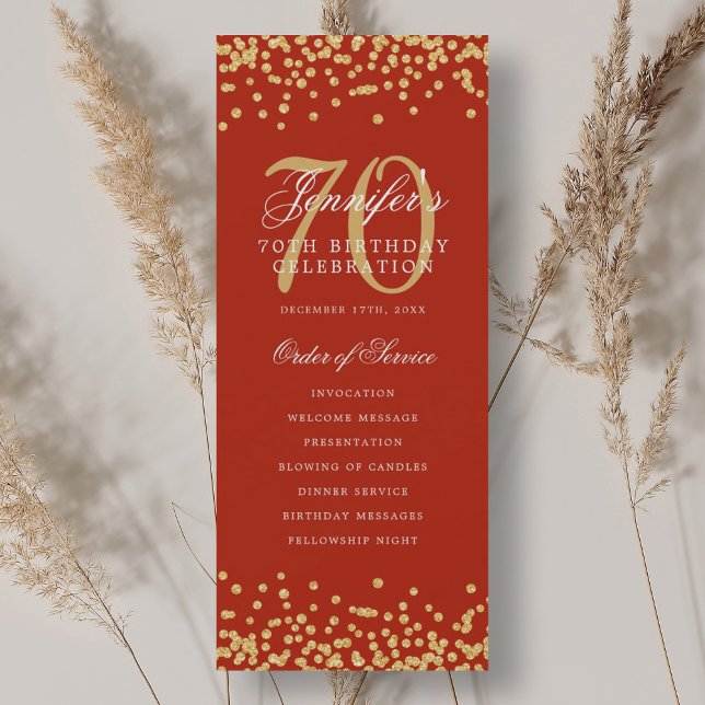 70th Birthday Program Gold Red Confetti Invitation (70th Birthday Program Gold Red Confetti)