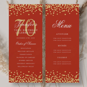 70th Birthday Program Gold Red Confetti Menu Invitation