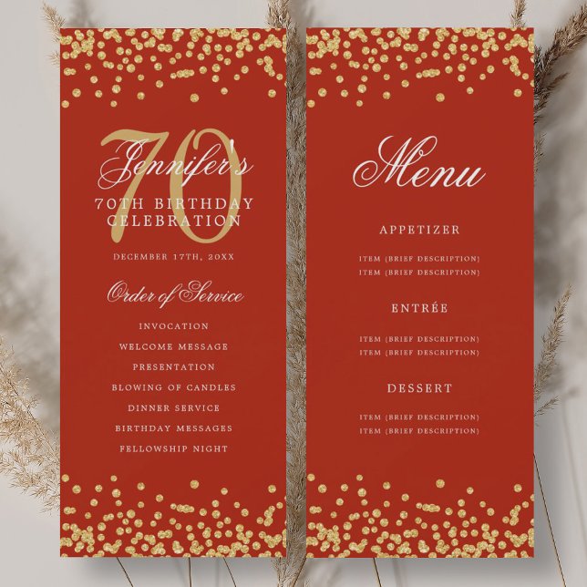 70th Birthday Program Gold Red Confetti Menu Invitation (70th Birthday Program Gold Red Confetti Menu)