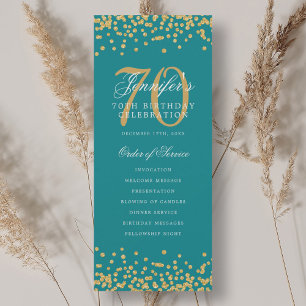 70th Birthday Program Gold Turquoise Confetti Invitation