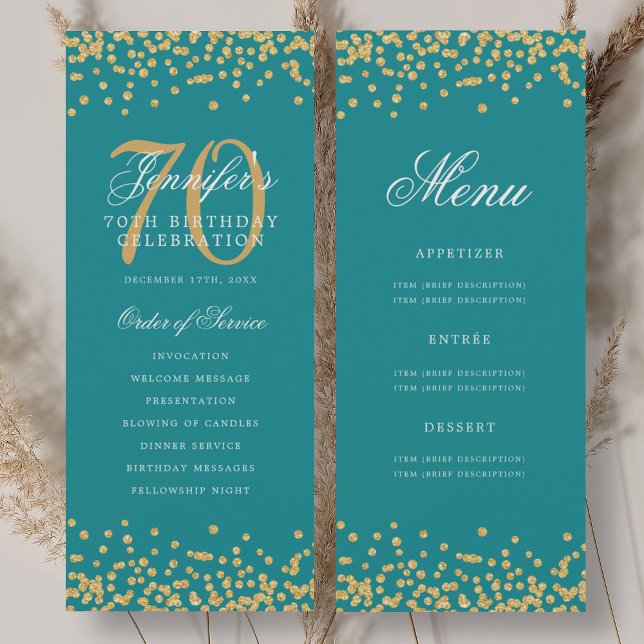 70th Birthday Program Gold Turquoise Confetti Menu Invitation (70th Birthday Program Gold Turquoise Confetti Menu)