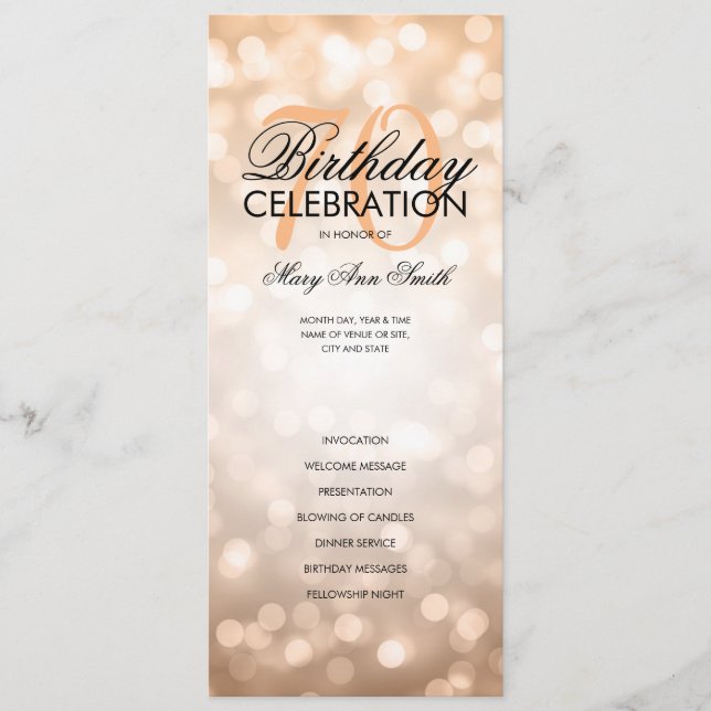 70th Birthday Program Lights Copper Menu (Front)