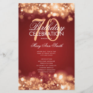 70th Birthday Program Lights Gold Red Menu