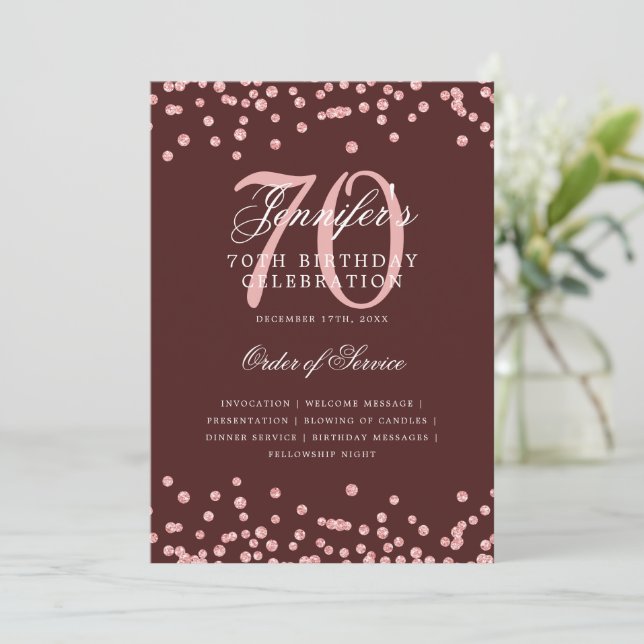 70th Birthday Program Menu Rose Gold Burgundy  Invitation (Standing Front)