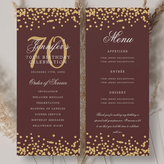 70th Birthday Program Menu Thank You Gold Burgundy Invitation (70th Birthday Program Menu Thank You Gold Burgundy)