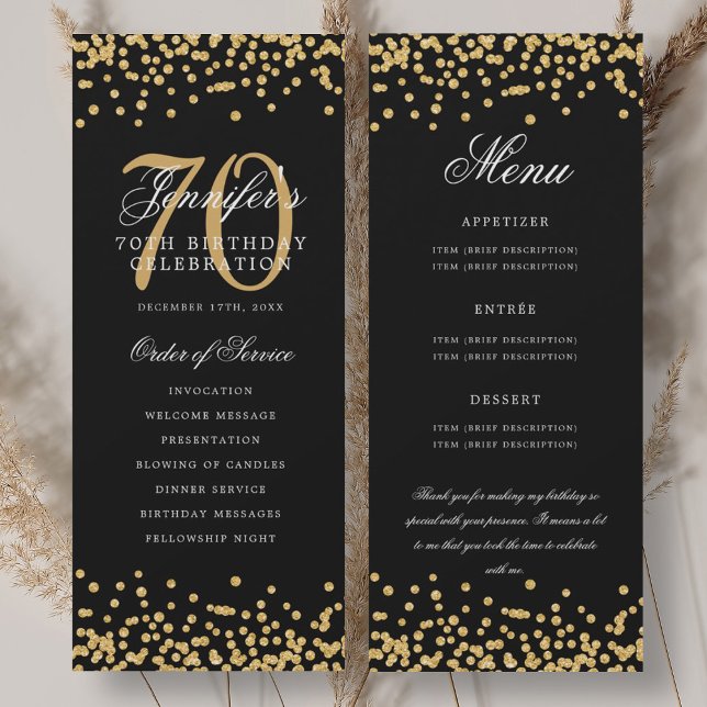 70th Birthday Program Menu Thank You Gold Confetti Invitation (Creator Uploaded)