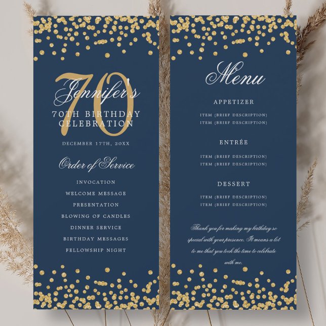 70th Birthday Program Menu Thank You Gold Navy  Invitation (70th Birthday Program Menu Thank You Gold Navy)