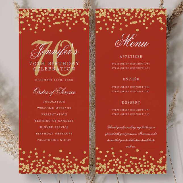 70th Birthday Program Menu Thank You Gold Red  Invitation (70th Birthday Program Menu Thank You Gold Red )