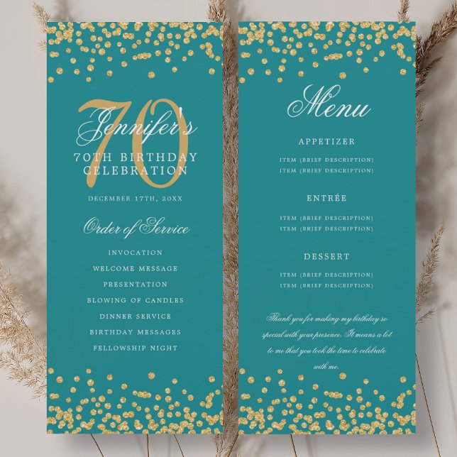 70th Birthday Program Menu Thank You Gold Teal Invitation (70th Birthday Program Menu Thank You Gold Teal)