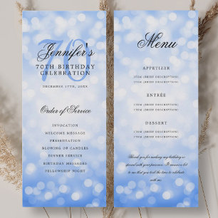 70th Birthday Program Navy Blue Bokeh Menu Invitation